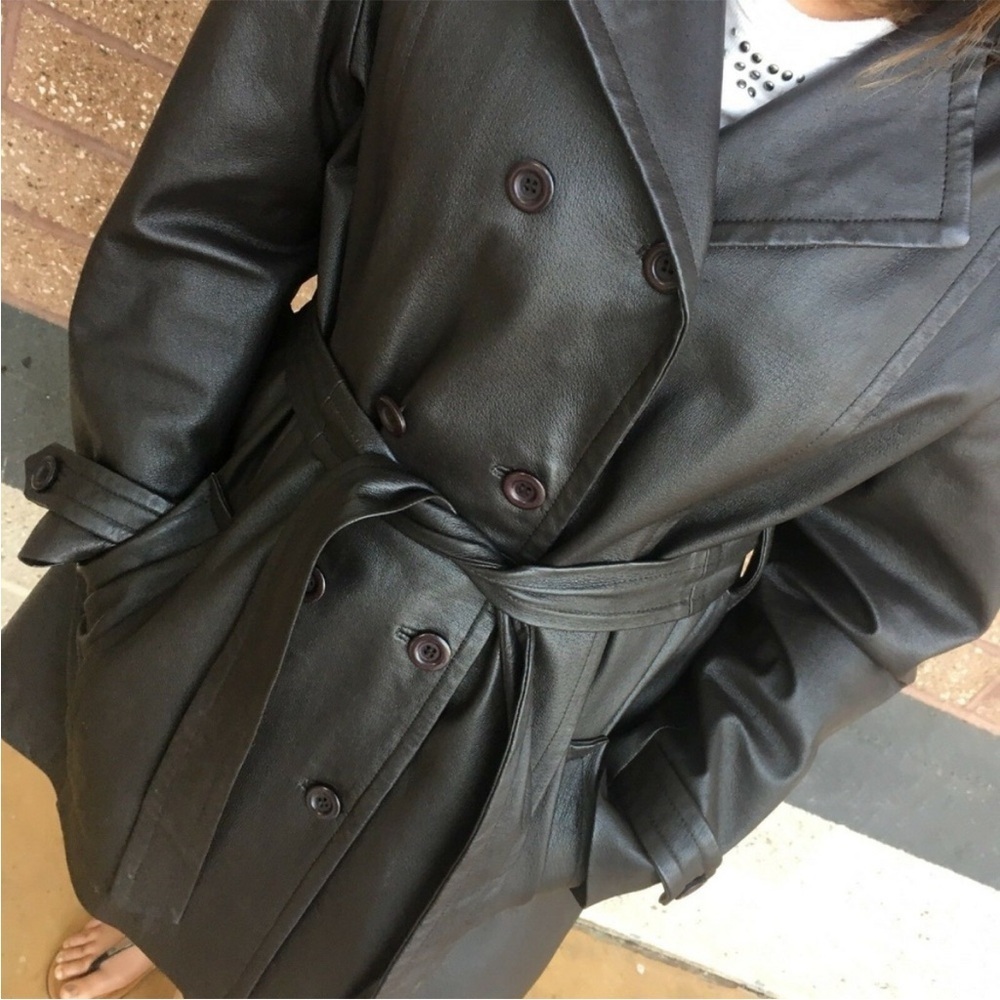 Y2K Long Leather Black Belted Jacket Rare Hoodie Trench Coat M